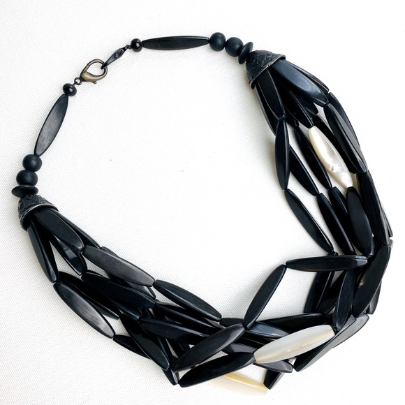 Multi Strand tubular black & ivory beads Statement BOHO Necklace - Picture 3 of 8